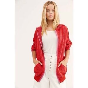 Free People Knit Zip Up Hoodie Red Pink Marled Size Medium
